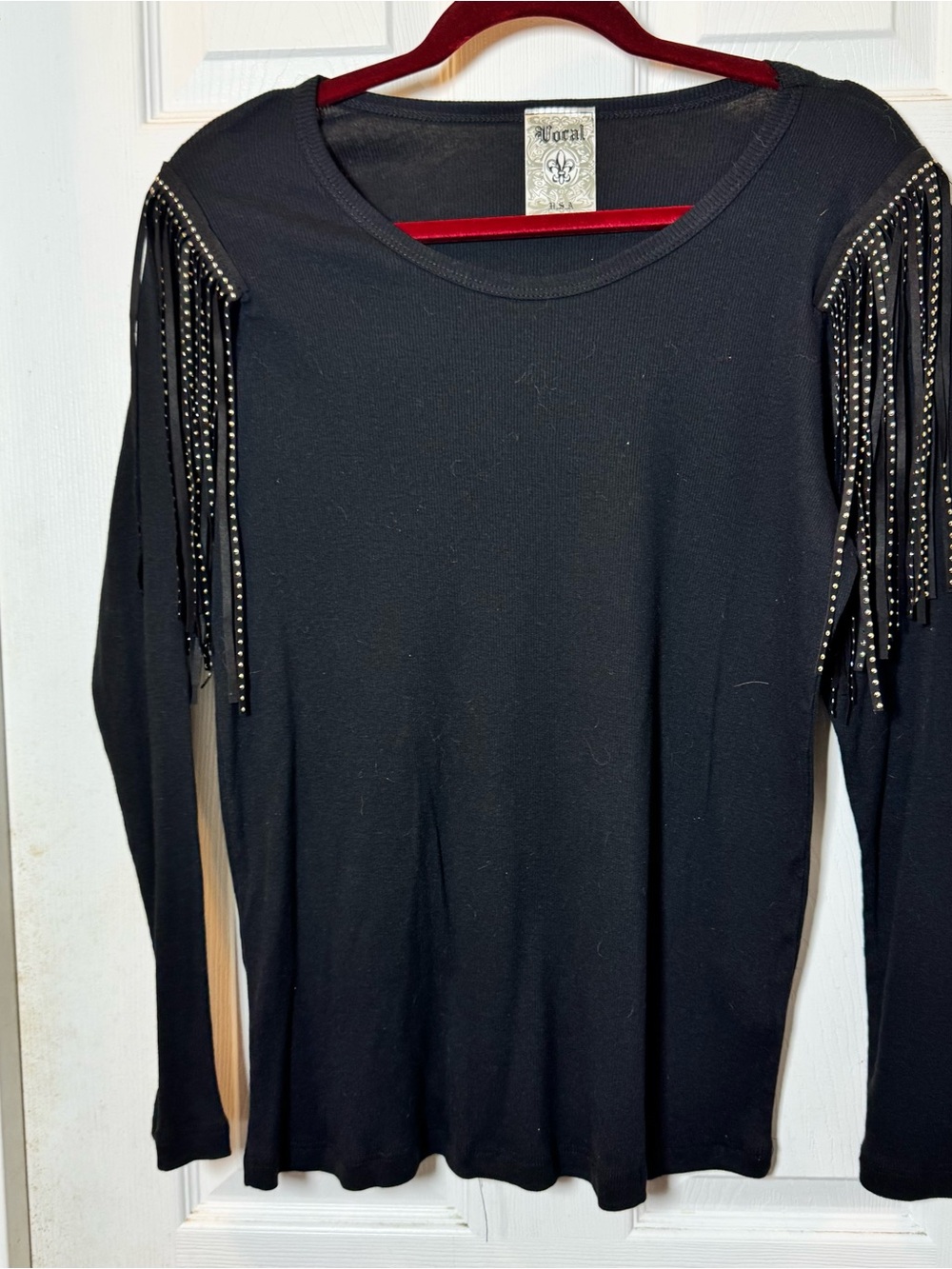 Vocal Black Long-Sleeve Top with Studded Fringe Shoulders